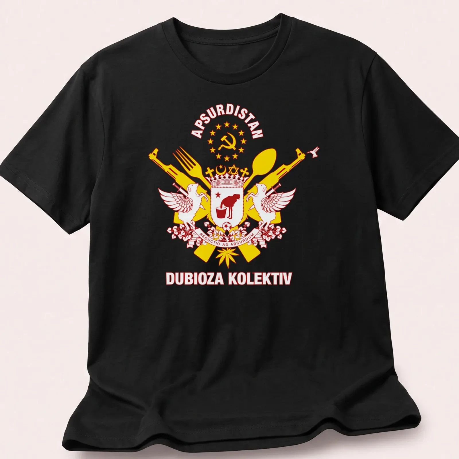 Bold graphic t-shirt featuring the Apsurdistan crest with vibrant colors — printed on a unisex t-shirt