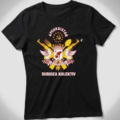 Bold graphic t-shirt featuring the Apsurdistan crest with vibrant colors — printed on a women's shirt