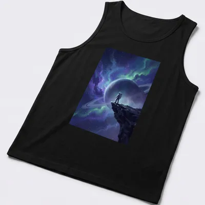 Digital art of an astronaut on a cliff overlooking a colorful cosmic nebula — printed on a tank top