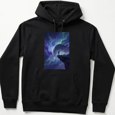 Digital art of an astronaut on a cliff overlooking a colorful cosmic nebula — printed on a unisex hoodie