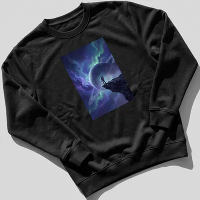 Digital art of an astronaut on a cliff overlooking a colorful cosmic nebula — printed on a unisex sweatshirt