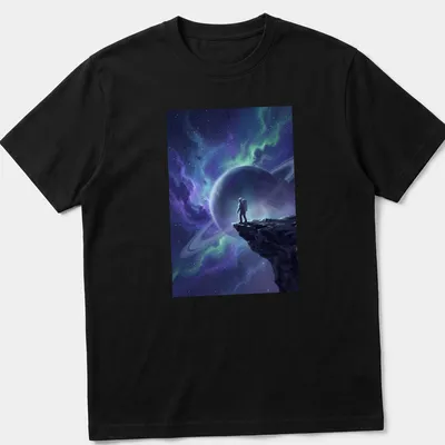 Digital art of an astronaut on a cliff overlooking a colorful cosmic nebula