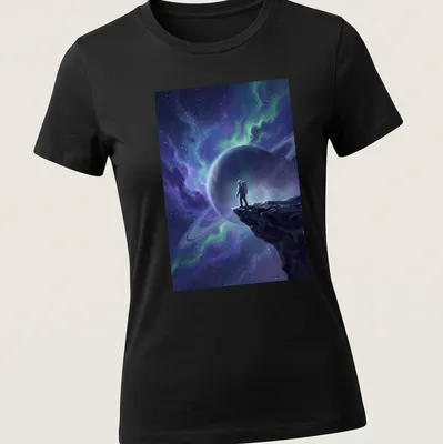 Digital art of an astronaut on a cliff overlooking a colorful cosmic nebula — printed on a women's shirt