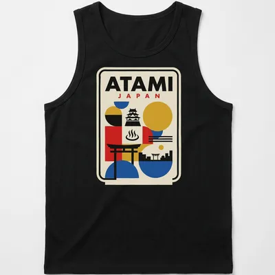 Retro Bauhaus style t-shirt featuring a geometric skyline of Atami, Japan with vibrant colors. — printed on a tank top