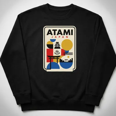 Retro Bauhaus style t-shirt featuring a geometric skyline of Atami, Japan with vibrant colors. — printed on a unisex sweatshirt