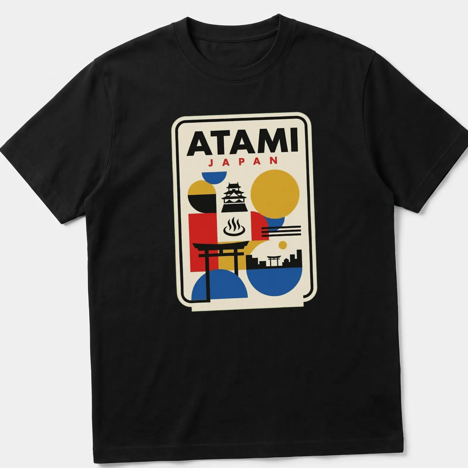 Retro Bauhaus style t-shirt featuring a geometric skyline of Atami, Japan with vibrant colors. — printed on a unisex t-shirt