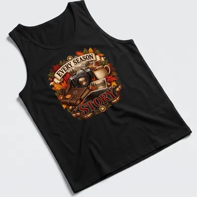 Vintage illustrated Autumn Photographer t-shirt with a camera, leaves, and coffee mug. — printed on a tank top