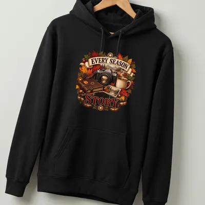 Vintage illustrated Autumn Photographer t-shirt with a camera, leaves, and coffee mug. — printed on a unisex hoodie