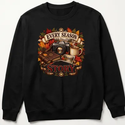 Vintage illustrated Autumn Photographer t-shirt with a camera, leaves, and coffee mug. — printed on a unisex sweatshirt