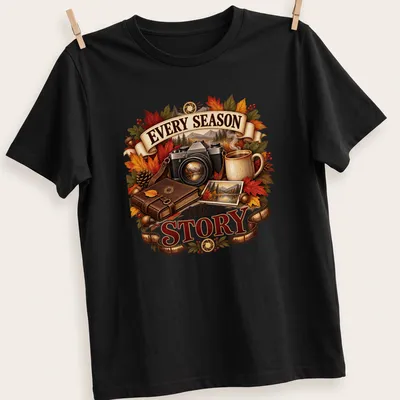 Vintage illustrated Autumn Photographer t-shirt with a camera, leaves, and coffee mug.