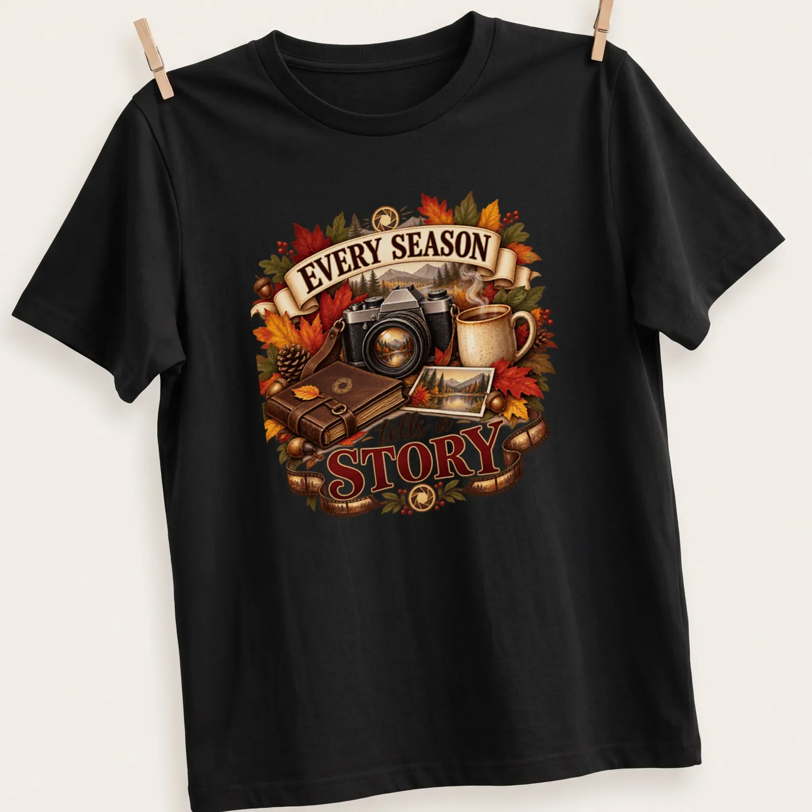 Vintage illustrated Autumn Photographer t-shirt with a camera, leaves, and coffee mug. — printed on a unisex t-shirt