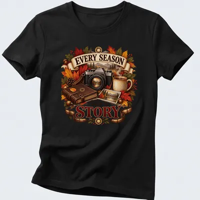 Vintage illustrated Autumn Photographer t-shirt with a camera, leaves, and coffee mug. — printed on a women's shirt