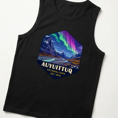 Auyuittuq National Park T-shirt with vibrant landscape illustration and established date — printed on a tank top