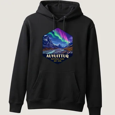 Auyuittuq National Park T-shirt with vibrant landscape illustration and established date — printed on a unisex hoodie