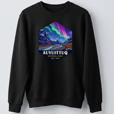 Auyuittuq National Park T-shirt with vibrant landscape illustration and established date — printed on a unisex sweatshirt