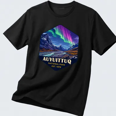 Auyuittuq National Park T-shirt with vibrant landscape illustration and established date