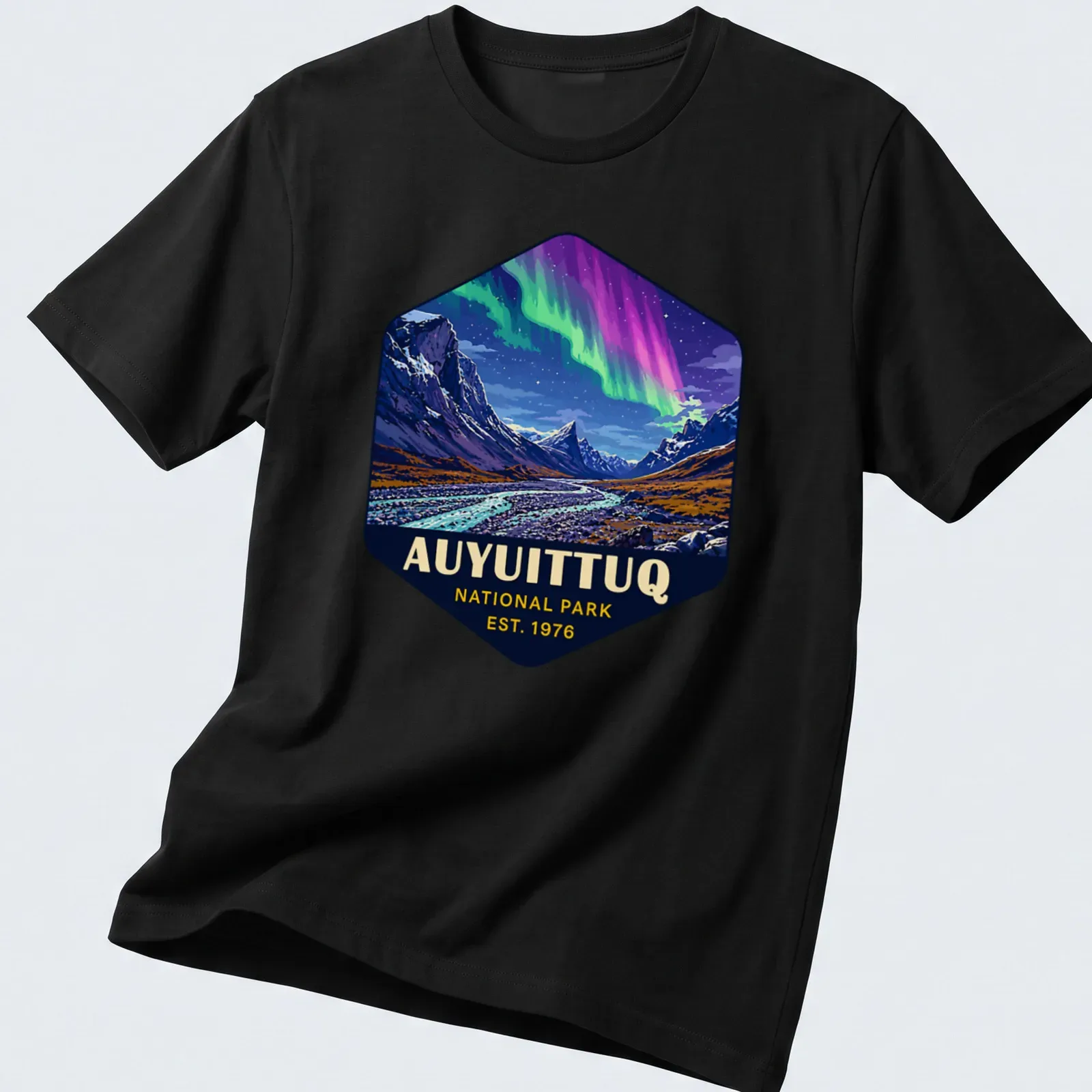 Auyuittuq National Park T-shirt with vibrant landscape illustration and established date — printed on a unisex t-shirt