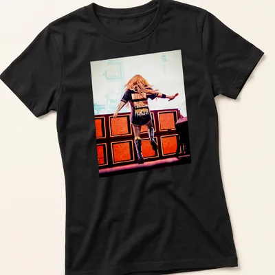 Concert-inspired t-shirt featuring Avril Lavigne with bold lettering — printed on a women's shirt