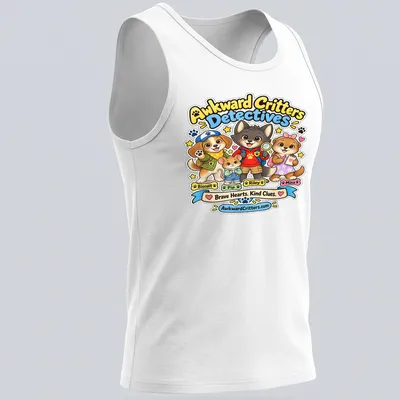 Kawaii cartoon of awkward critters as detectives with colorful text and characters — printed on a tank top
