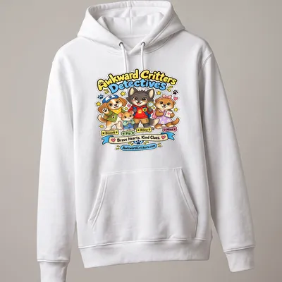 Kawaii cartoon of awkward critters as detectives with colorful text and characters — printed on a unisex hoodie
