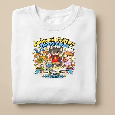 Kawaii cartoon of awkward critters as detectives with colorful text and characters — printed on a unisex sweatshirt