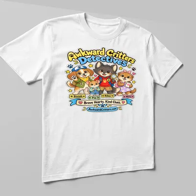 Kawaii cartoon of awkward critters as detectives with colorful text and characters — printed on a unisex t-shirt (angled view)