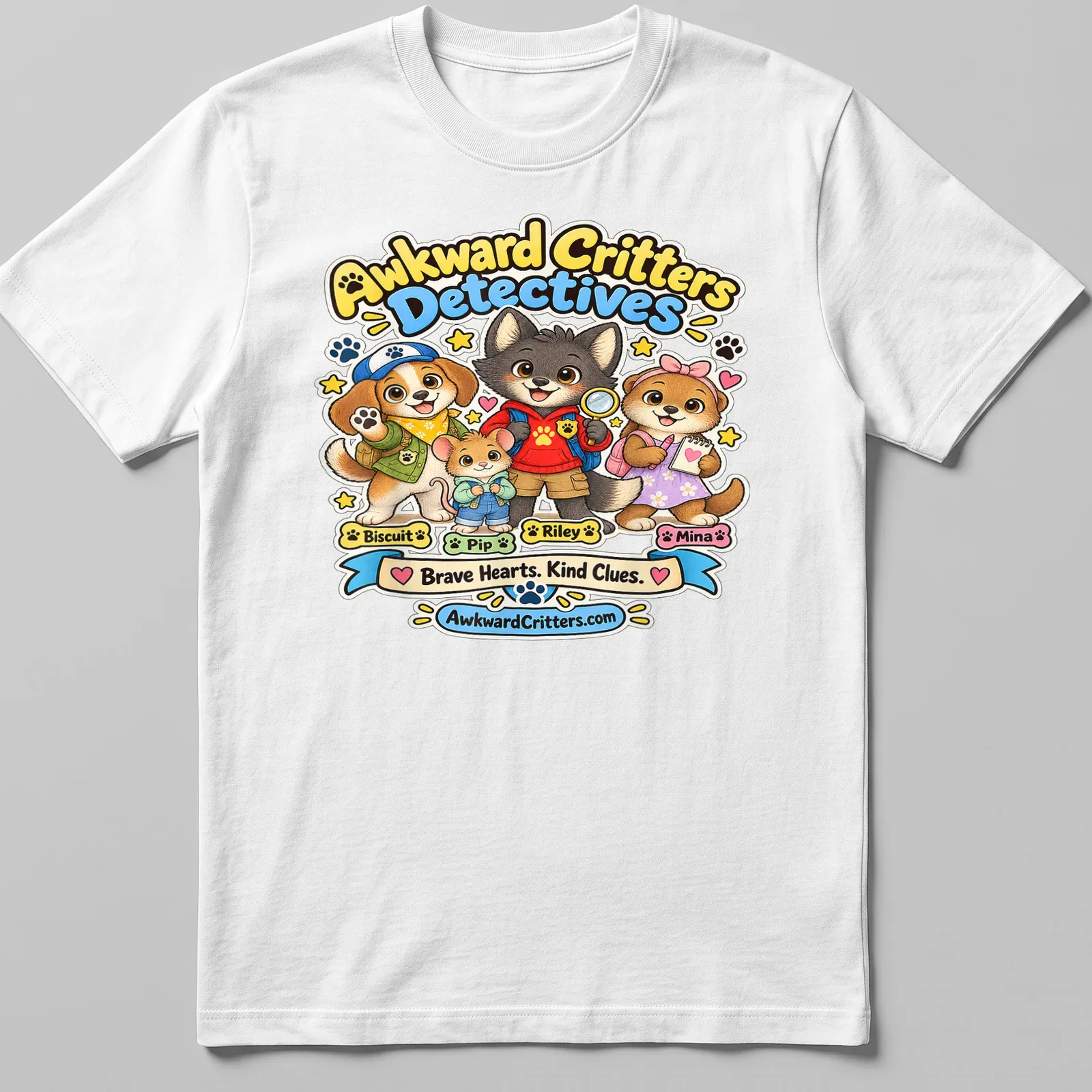 Kawaii cartoon of awkward critters as detectives with colorful text and characters — printed on a unisex t-shirt