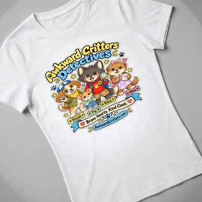 Kawaii cartoon of awkward critters as detectives with colorful text and characters — printed on a women's shirt