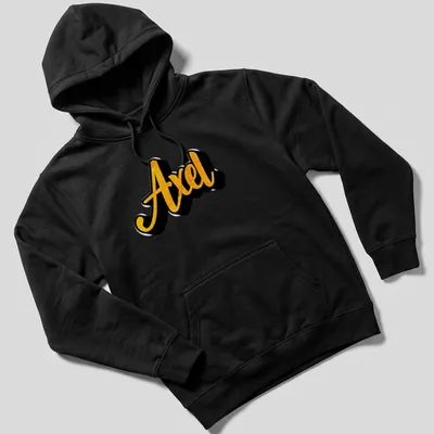 Stylish script T-shirt featuring the name Axel in gold on black — printed on a unisex hoodie