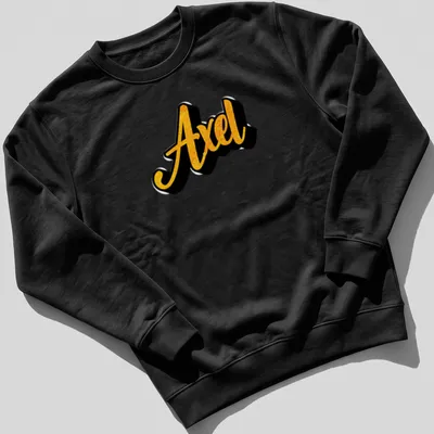 Stylish script T-shirt featuring the name Axel in gold on black — printed on a unisex sweatshirt