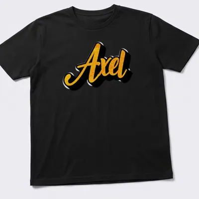 Stylish script T-shirt featuring the name Axel in gold on black