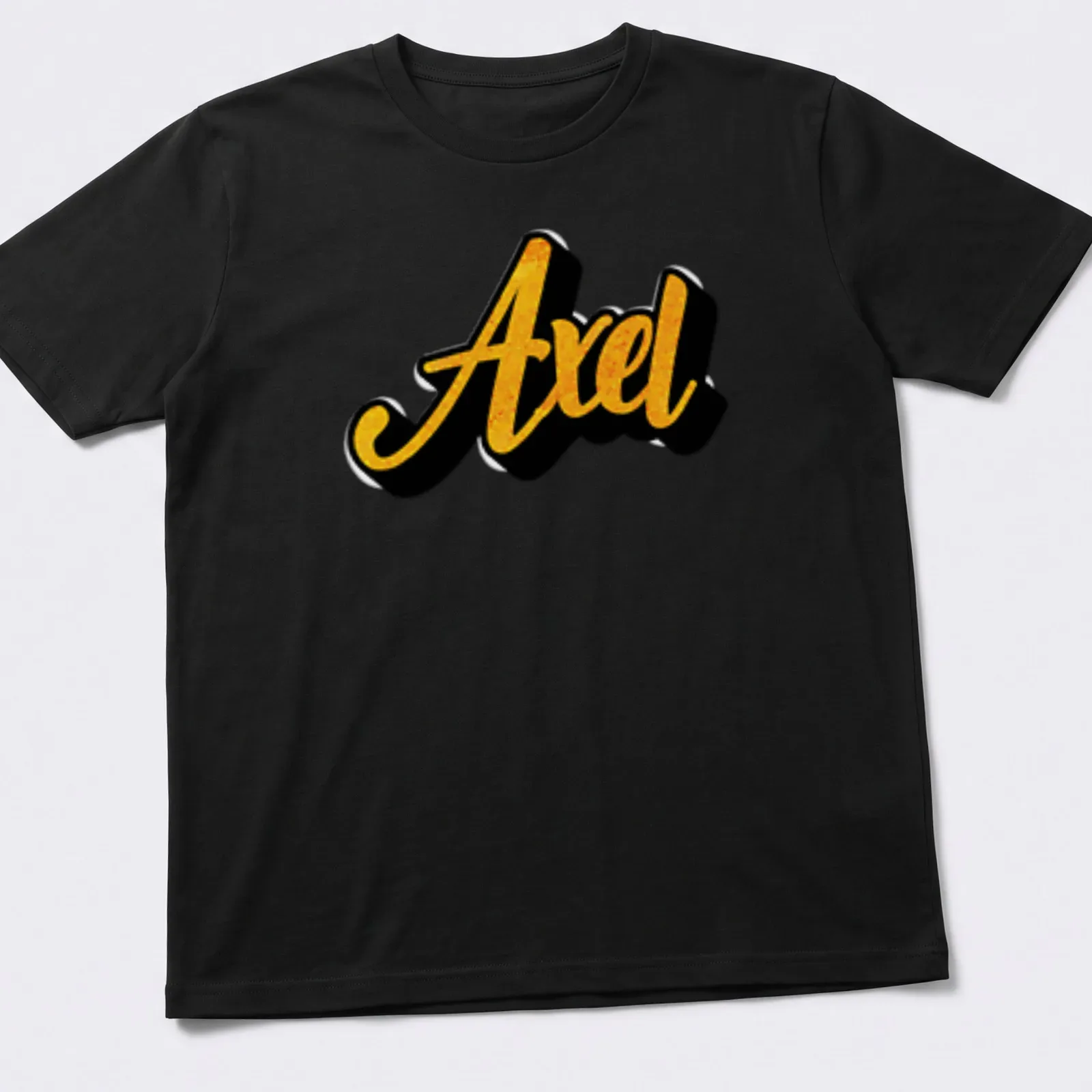 Stylish script T-shirt featuring the name Axel in gold on black — printed on a unisex t-shirt