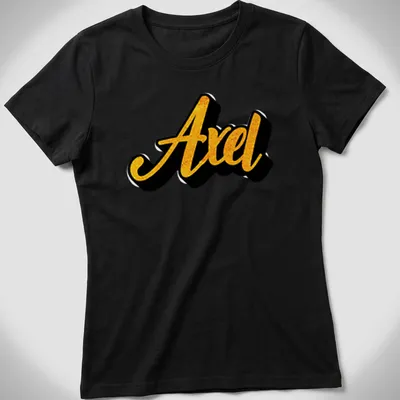 Stylish script T-shirt featuring the name Axel in gold on black — printed on a women's shirt