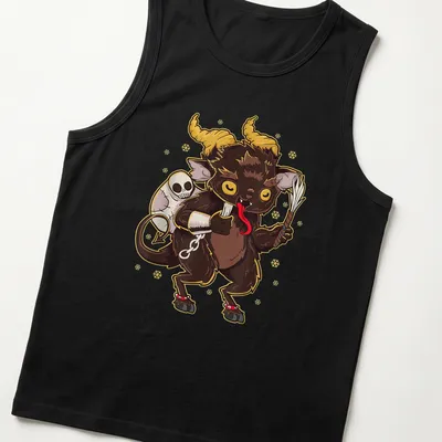 Kawaii Baby Krampus character in manga style with festive colors for Christmas. — printed on a tank top