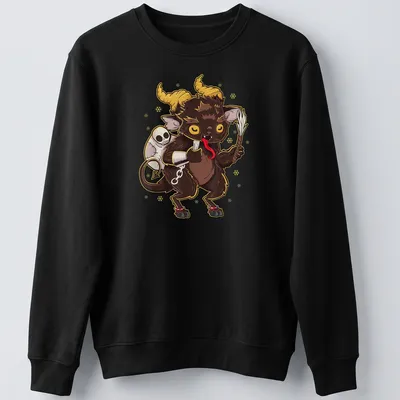 Kawaii Baby Krampus character in manga style with festive colors for Christmas. — printed on a unisex sweatshirt