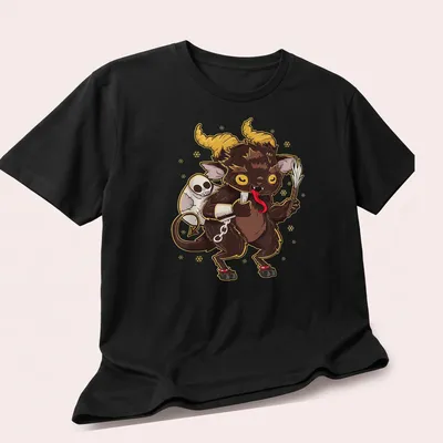 Kawaii Baby Krampus character in manga style with festive colors for Christmas. — printed on a unisex t-shirt (angled view)