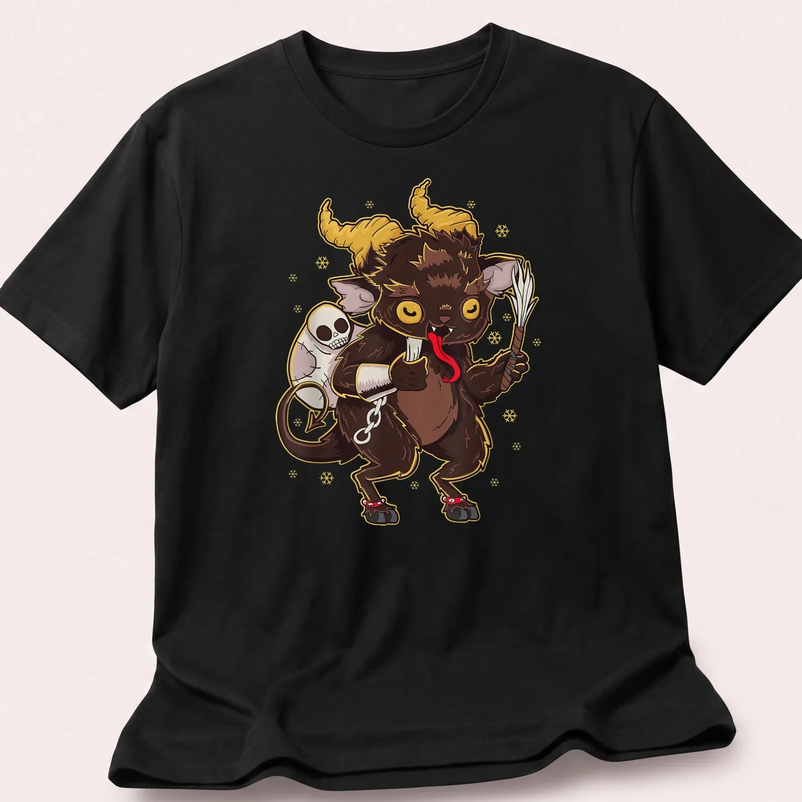 Kawaii Baby Krampus character in manga style with festive colors for Christmas. — printed on a unisex t-shirt