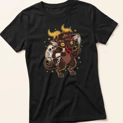 Kawaii Baby Krampus character in manga style with festive colors for Christmas. — printed on a women's shirt