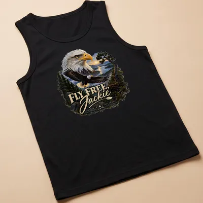 Realistic print of a Bald Eagle flying with text FLY FREE, Jackie BIG BEAR CALIFORNIA — printed on a tank top