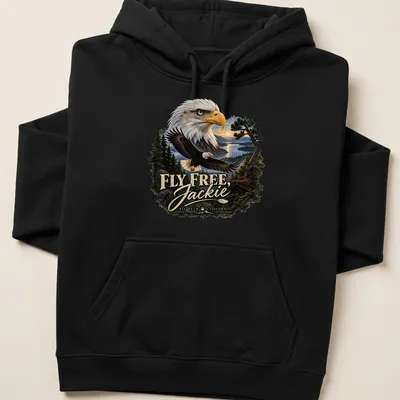 Realistic print of a Bald Eagle flying with text FLY FREE, Jackie BIG BEAR CALIFORNIA — printed on a unisex hoodie