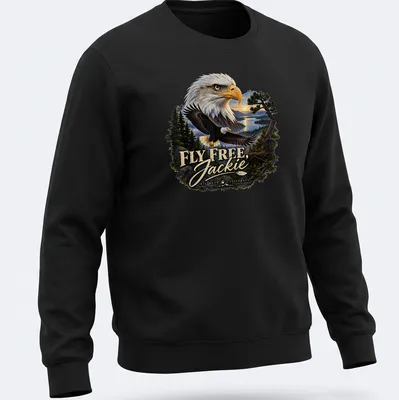Realistic print of a Bald Eagle flying with text FLY FREE, Jackie BIG BEAR CALIFORNIA — printed on a unisex sweatshirt