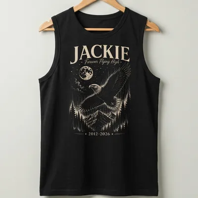 Detailed illustration of a Bald Eagle soaring with text about Jackie. — printed on a tank top