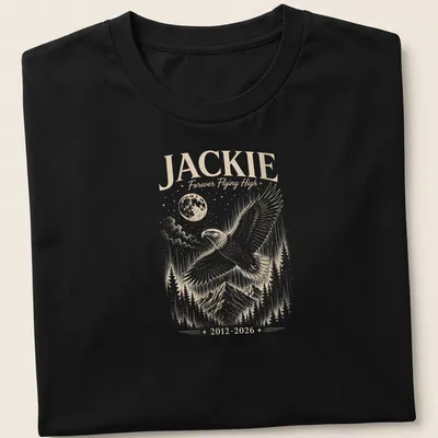 Detailed illustration of a Bald Eagle soaring with text about Jackie.
