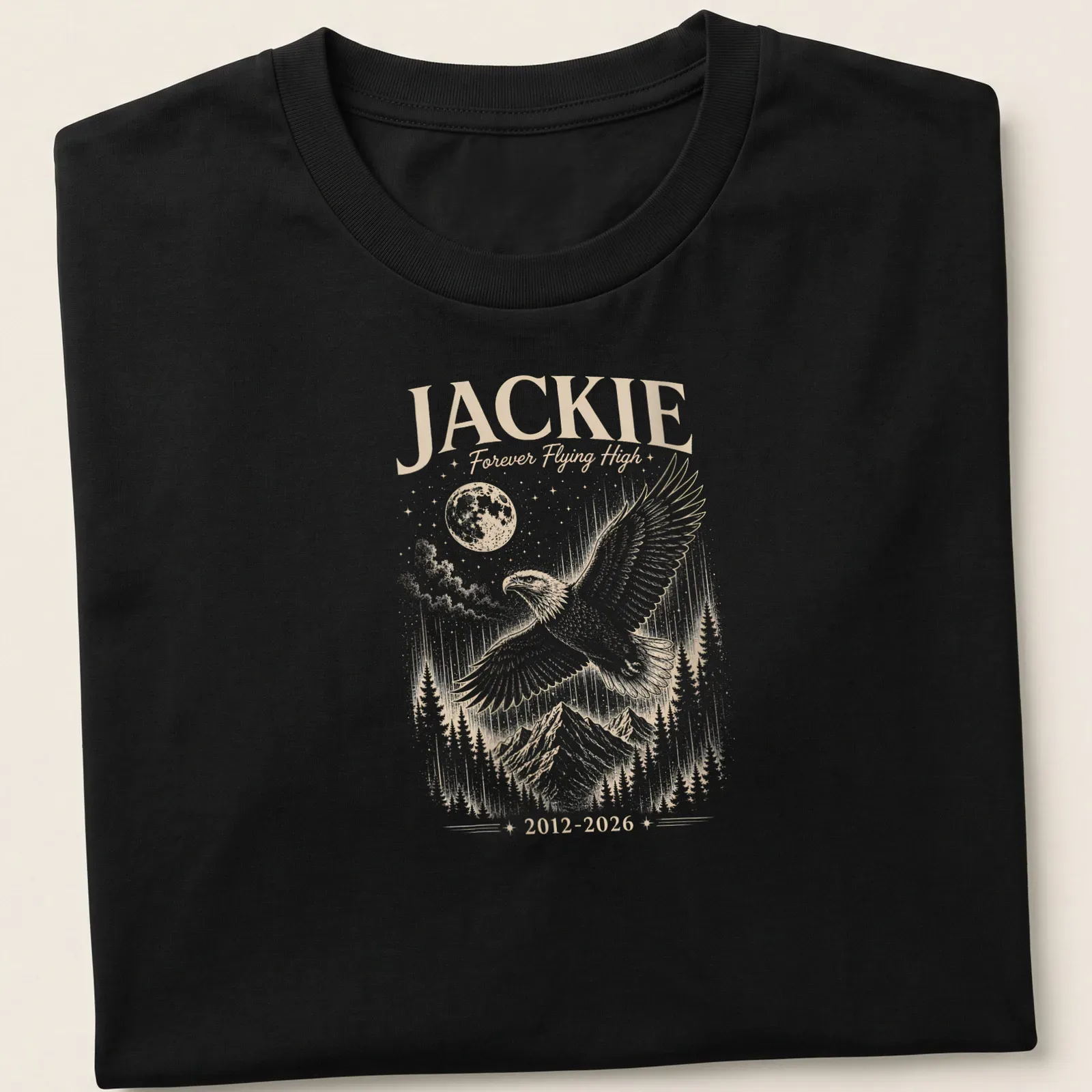 Detailed illustration of a Bald Eagle soaring with text about Jackie. — printed on a unisex t-shirt
