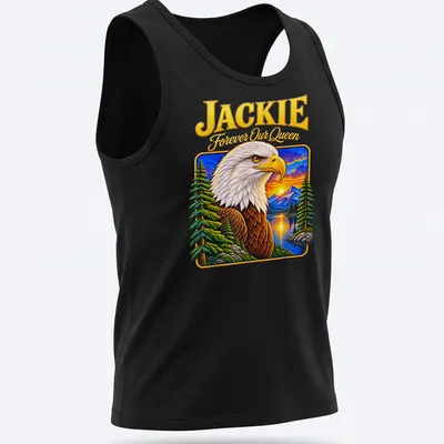 Memorial T-shirt featuring a detailed bald eagle with text 'JACKIE Forever Our Queen' — printed on a tank top