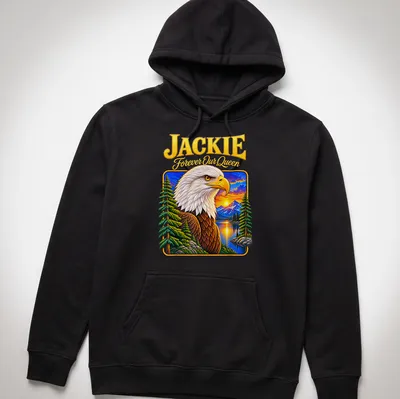 Memorial T-shirt featuring a detailed bald eagle with text 'JACKIE Forever Our Queen' — printed on a unisex hoodie