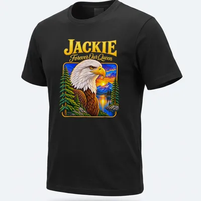 Memorial T-shirt featuring a detailed bald eagle with text 'JACKIE Forever Our Queen'