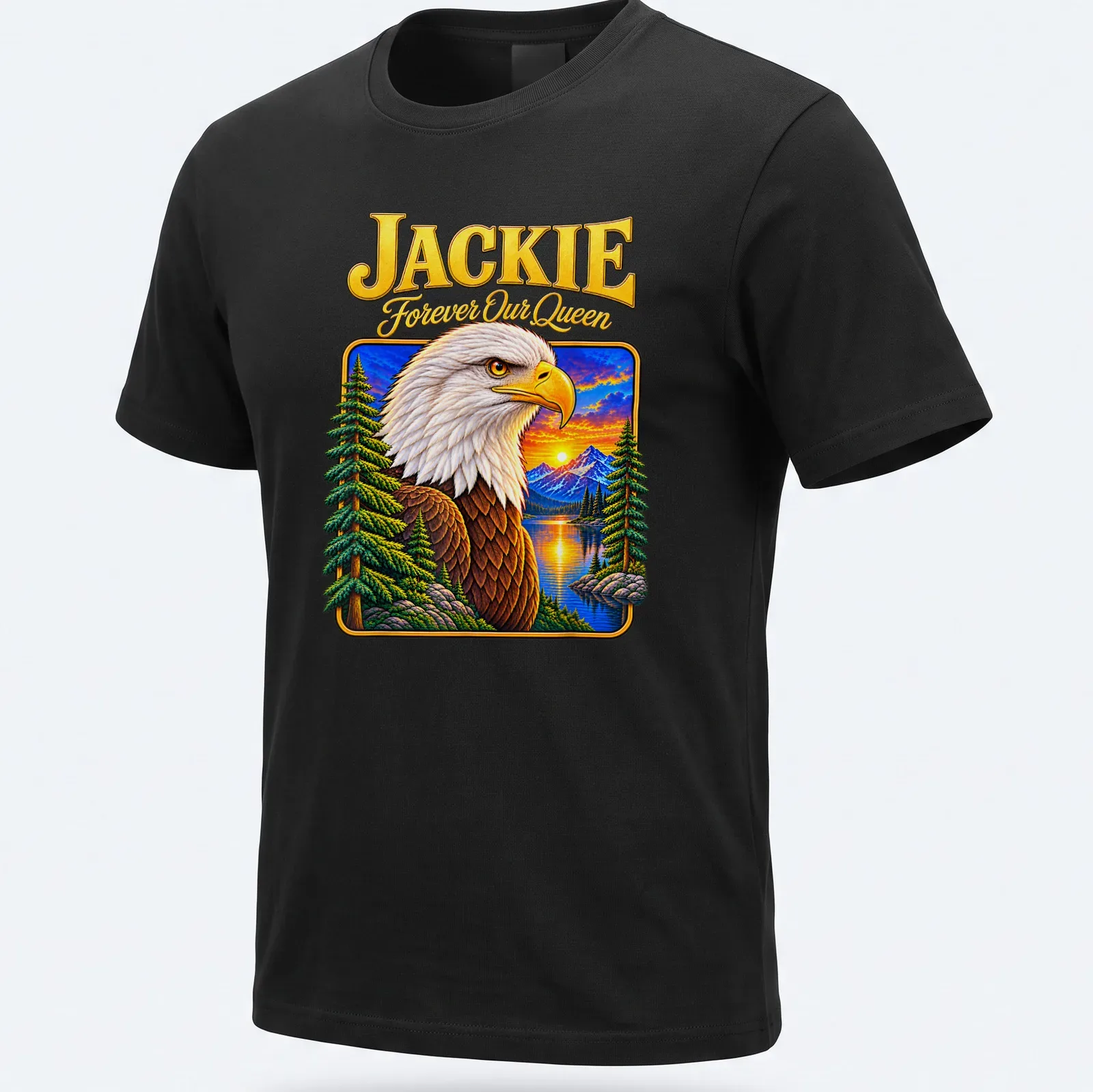 Memorial T-shirt featuring a detailed bald eagle with text 'JACKIE Forever Our Queen' — printed on a unisex t-shirt