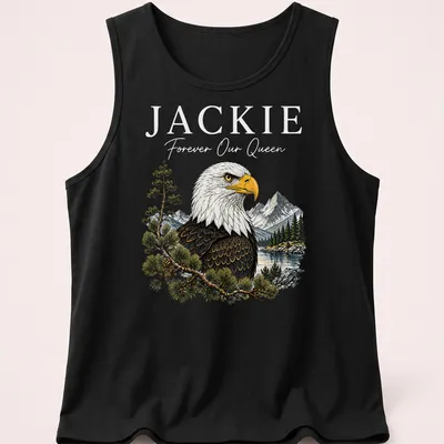 Illustration of a Bald Eagle with 'Jackie Forever Our Queen' text in vibrant colors — printed on a tank top