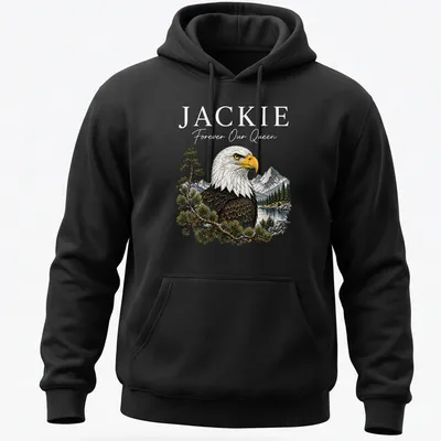 Illustration of a Bald Eagle with 'Jackie Forever Our Queen' text in vibrant colors — printed on a unisex hoodie
